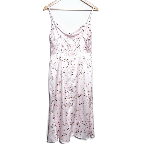 NWT Tsher Satin Midi Dress Floral Print Pink‎ Spaghetti Straps Cowl Neck Slit - Picture 6 of 16